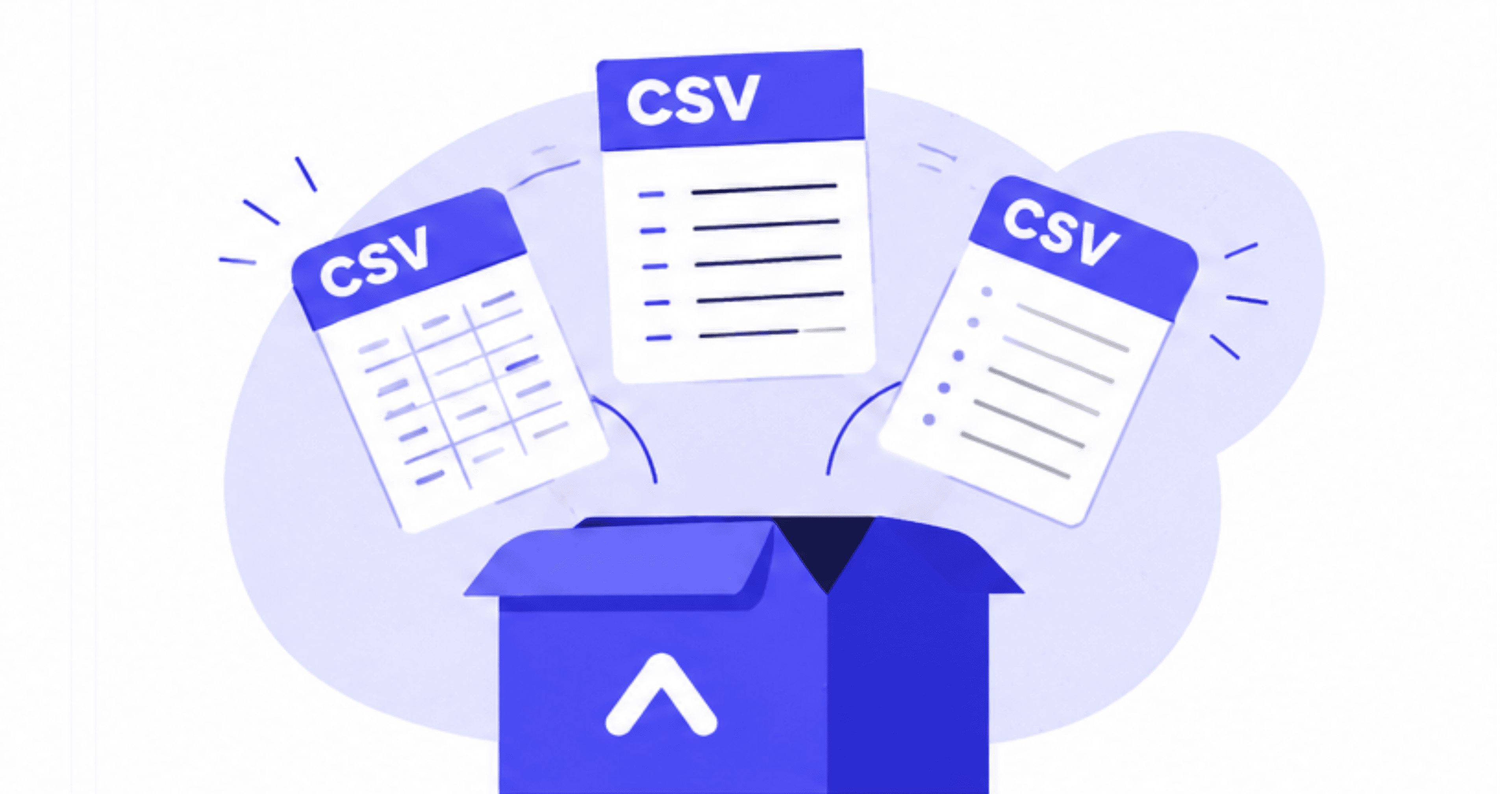 Placeholder illustration: three CSV file icons floating up out of an open box with a chevron logo. (placeholder illustration, final artwork coming soon)
