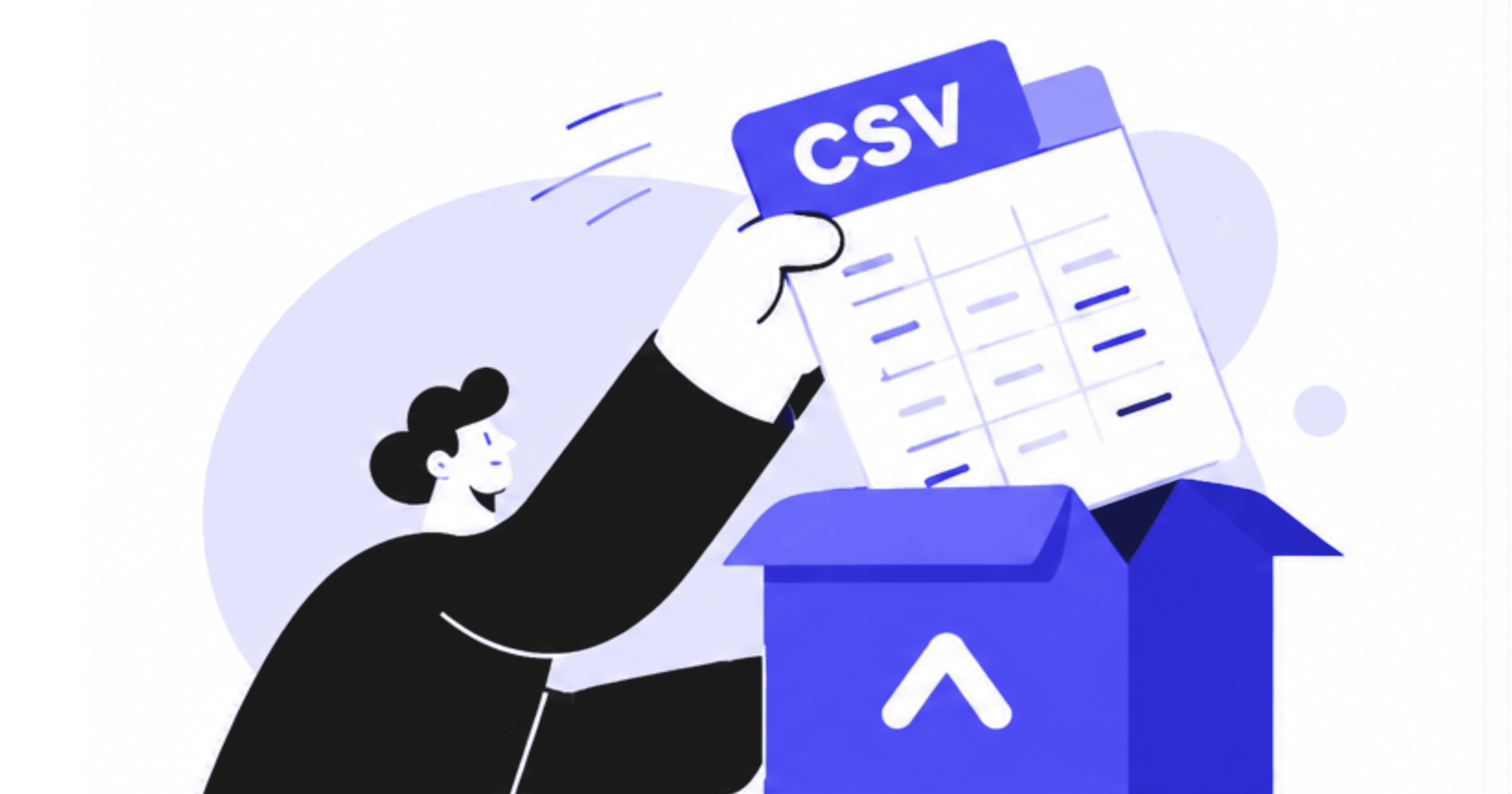 Placeholder illustration: a person drops a CSV file into an open box that has a chevron logo on it. (placeholder illustration, final artwork coming soon)